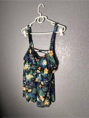 Floral Tropical Print Women's Tank Top - Black/Green